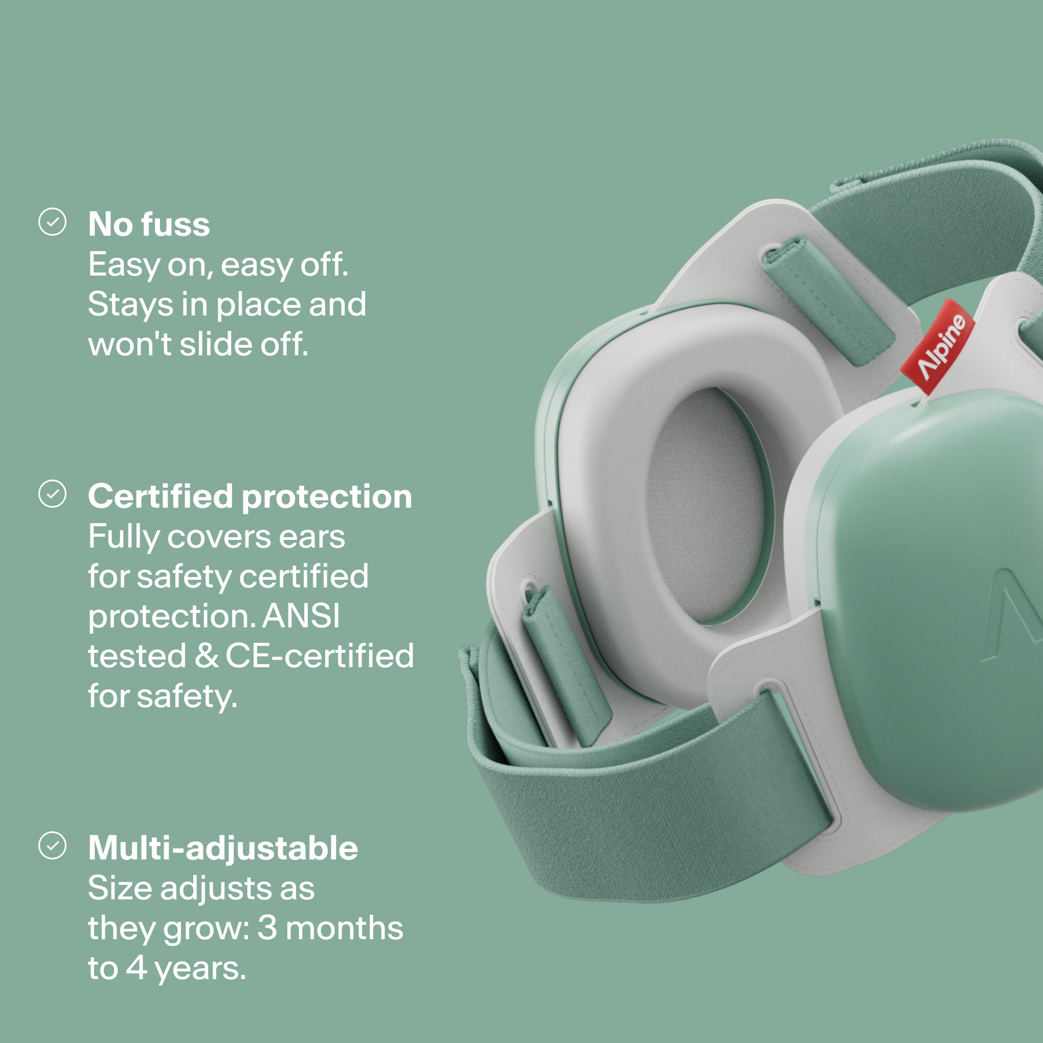 Render Alpine Muffy Baby in sage green with three USPs: easy for kids, protection, and adjustable #color_sage-green