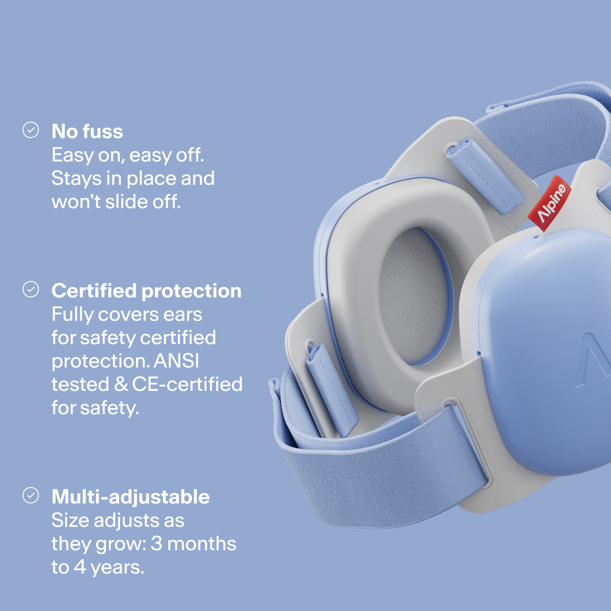 Render Alpine Muffy Baby in sky blue with three USPs: easy for kids, protection, and adjustable 