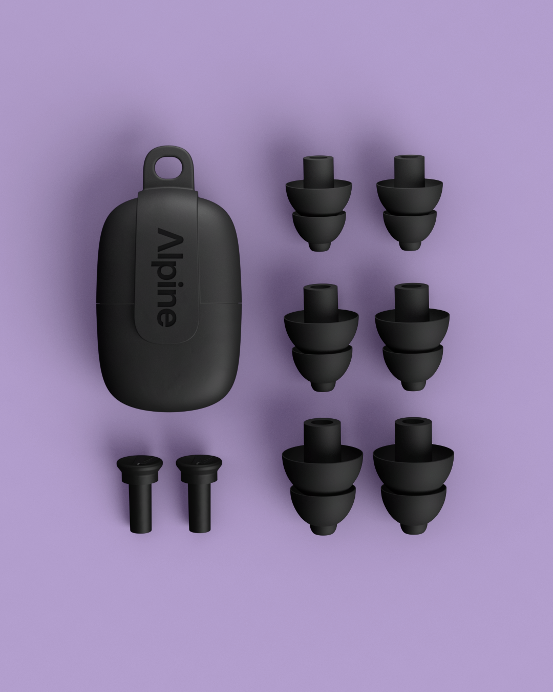 Alpine PartyPlug festival earplugs overview including multisize tips and case black