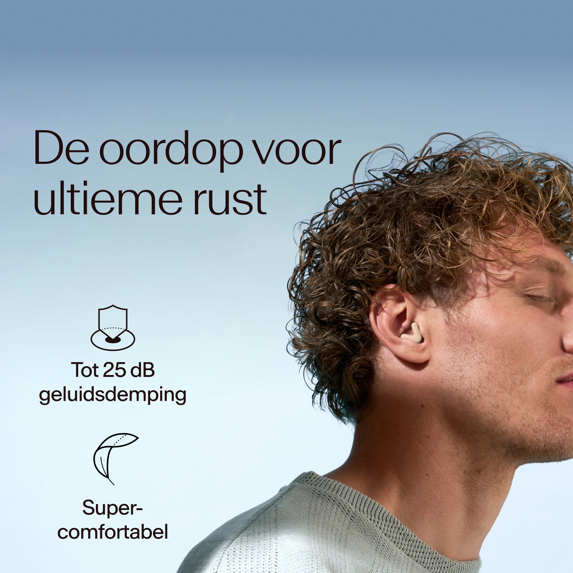 Man wearing earplugs with product features highlighted on a blue background 