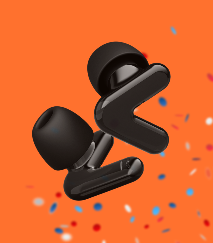 Banner voor Koningsdag met alpine producten en oranje achtergrond met confetti