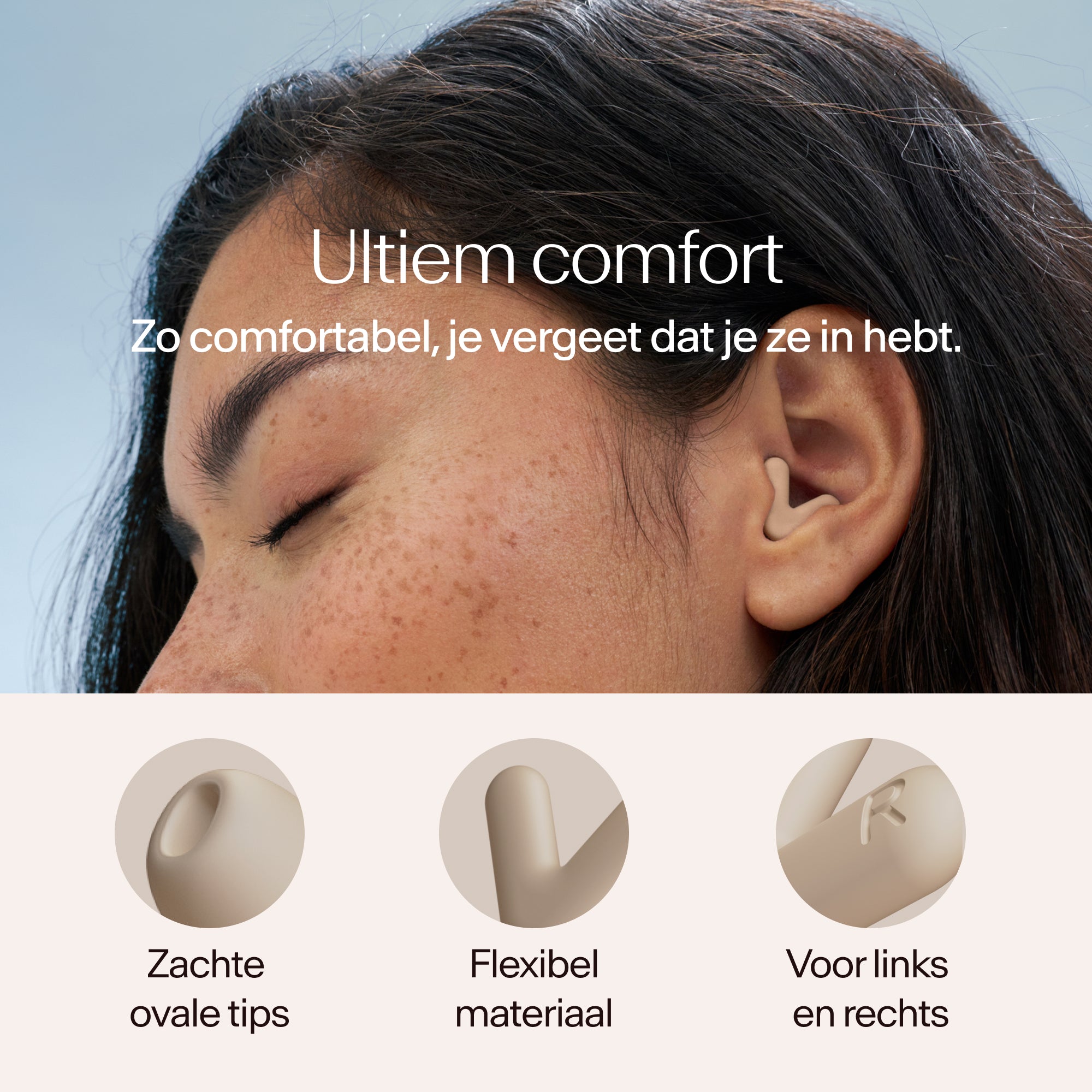 Close-up van een persoon met Alpine Silence oordopjes in beige, met tekst over comfort en productkenmerken 