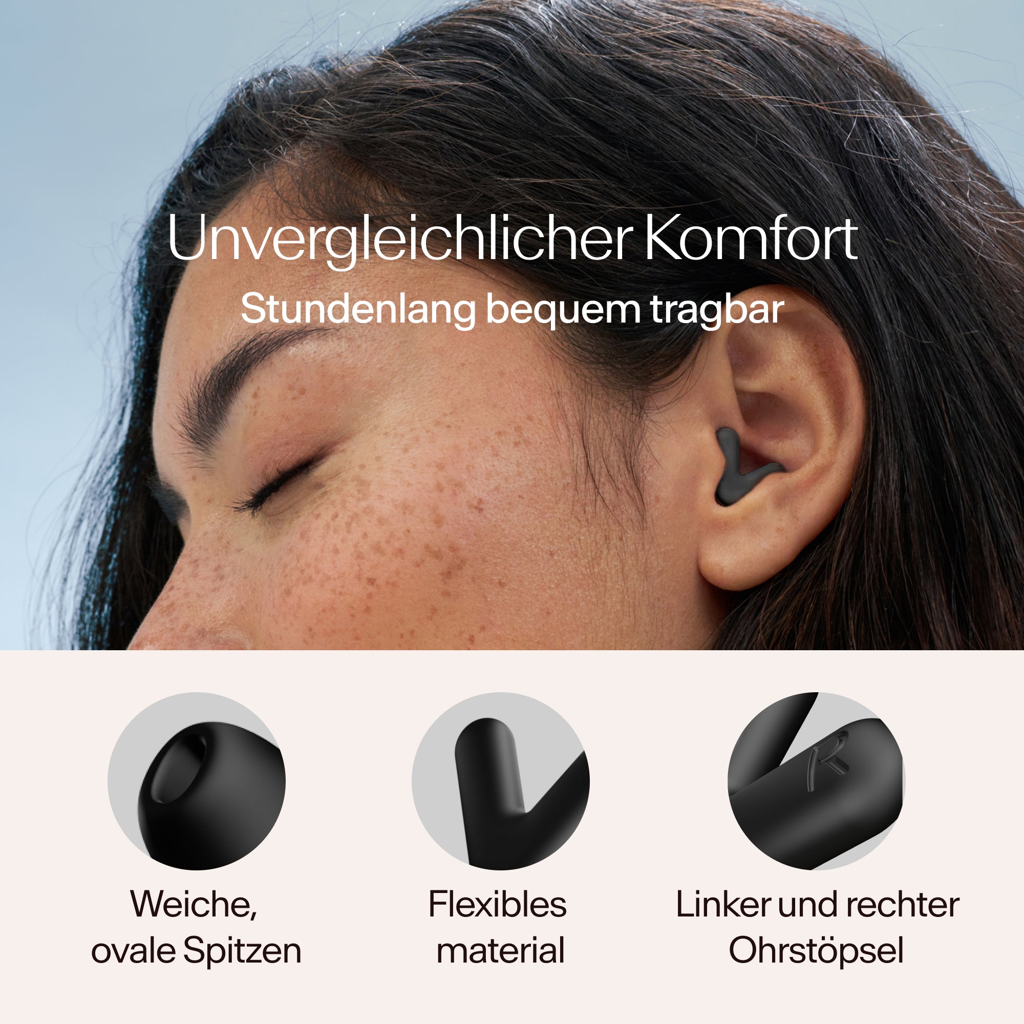 Nahaufnahme einer Person mit Alpine Silence Ohrstöpseln in Schwarz, mit Text über Komfort und Produktmerkmale
