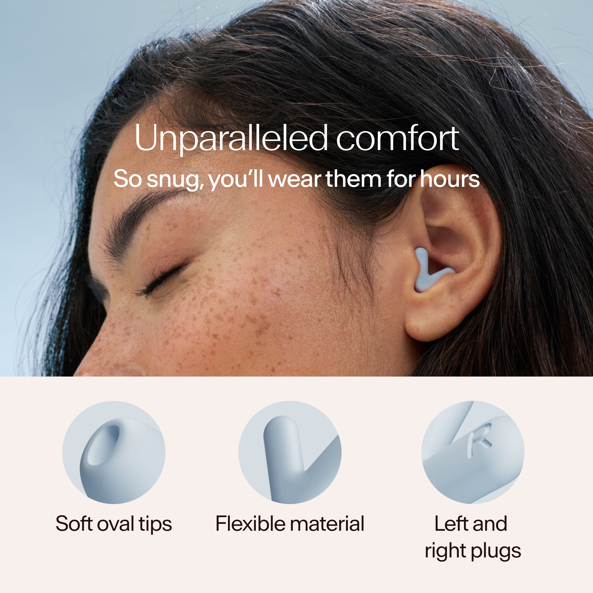 Close-up of a person wearing Alpine Silence earplugs in blue, with text about comfort and product features 