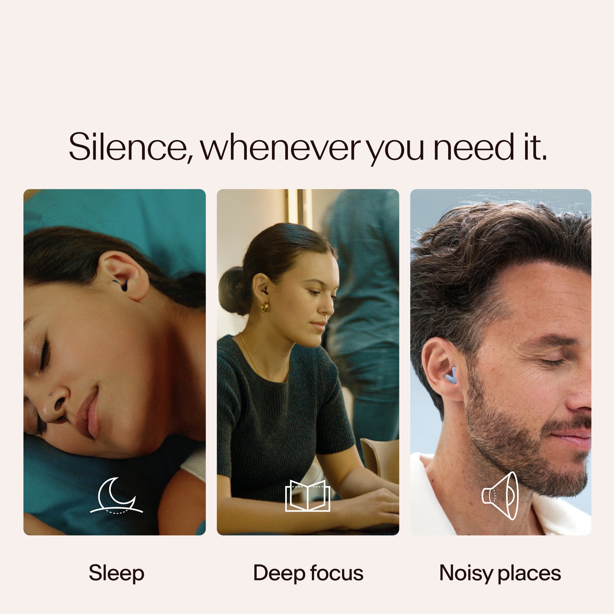 Three people in different states of rest or focus while wearing Alpine Silence in blue, with text and icons indicating &