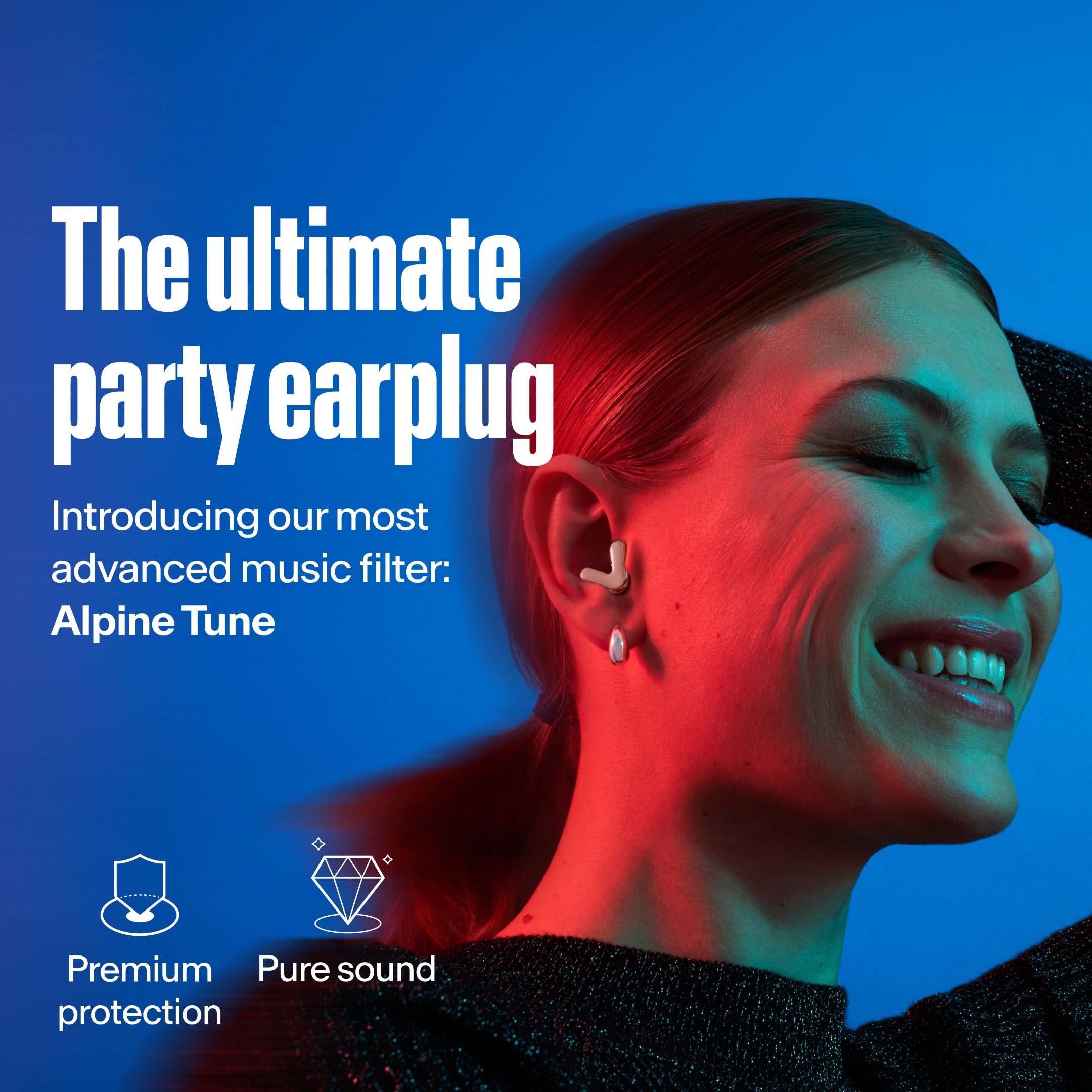 Woman wears Alpine Tune in rose-gold – showcases advanced music filter USP 