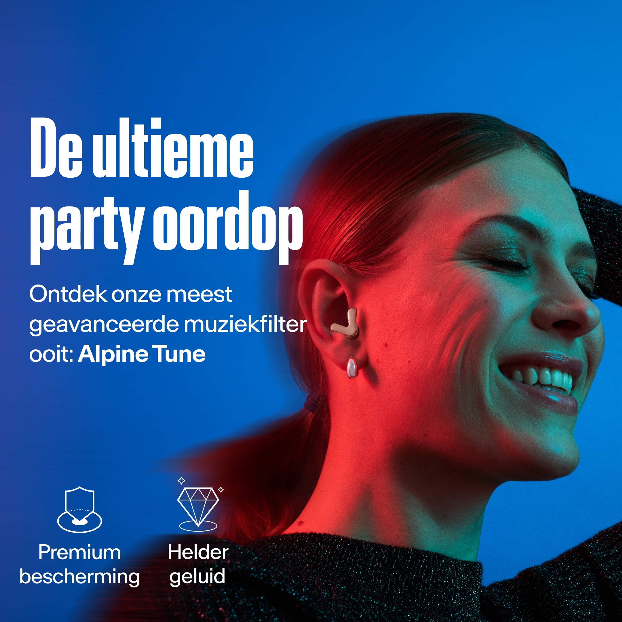 Vrouw draagt Alpine Tune in rose-gold – toont USP geavanceerde muziekfilter 