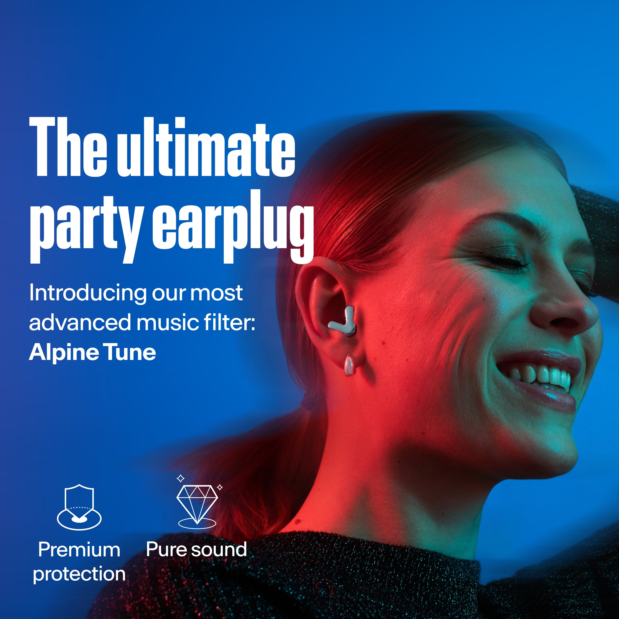 Woman wears Alpine Tune in silver – showcases advanced music filter USP 