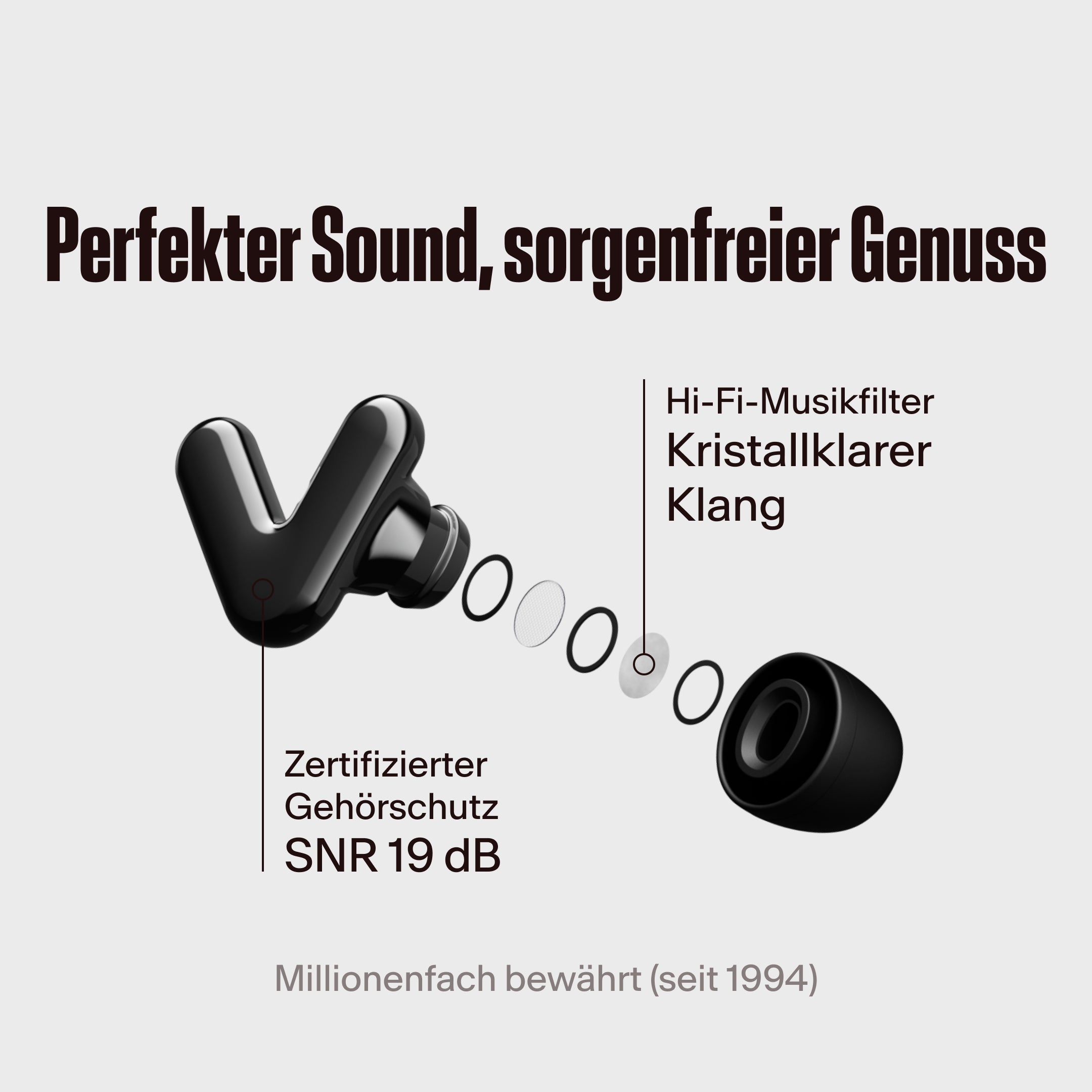 Alpine Tune schwarze Ohrhörer mit hervorgehobenem Hi-Fi-Filter, mit dem Text &