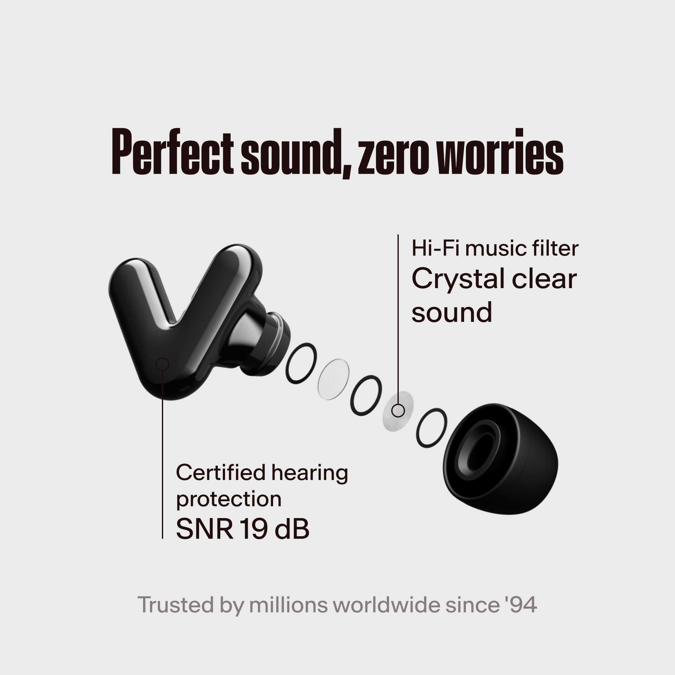 Alpine Tune black earbuds with hi-fi filter highlighted, headline &