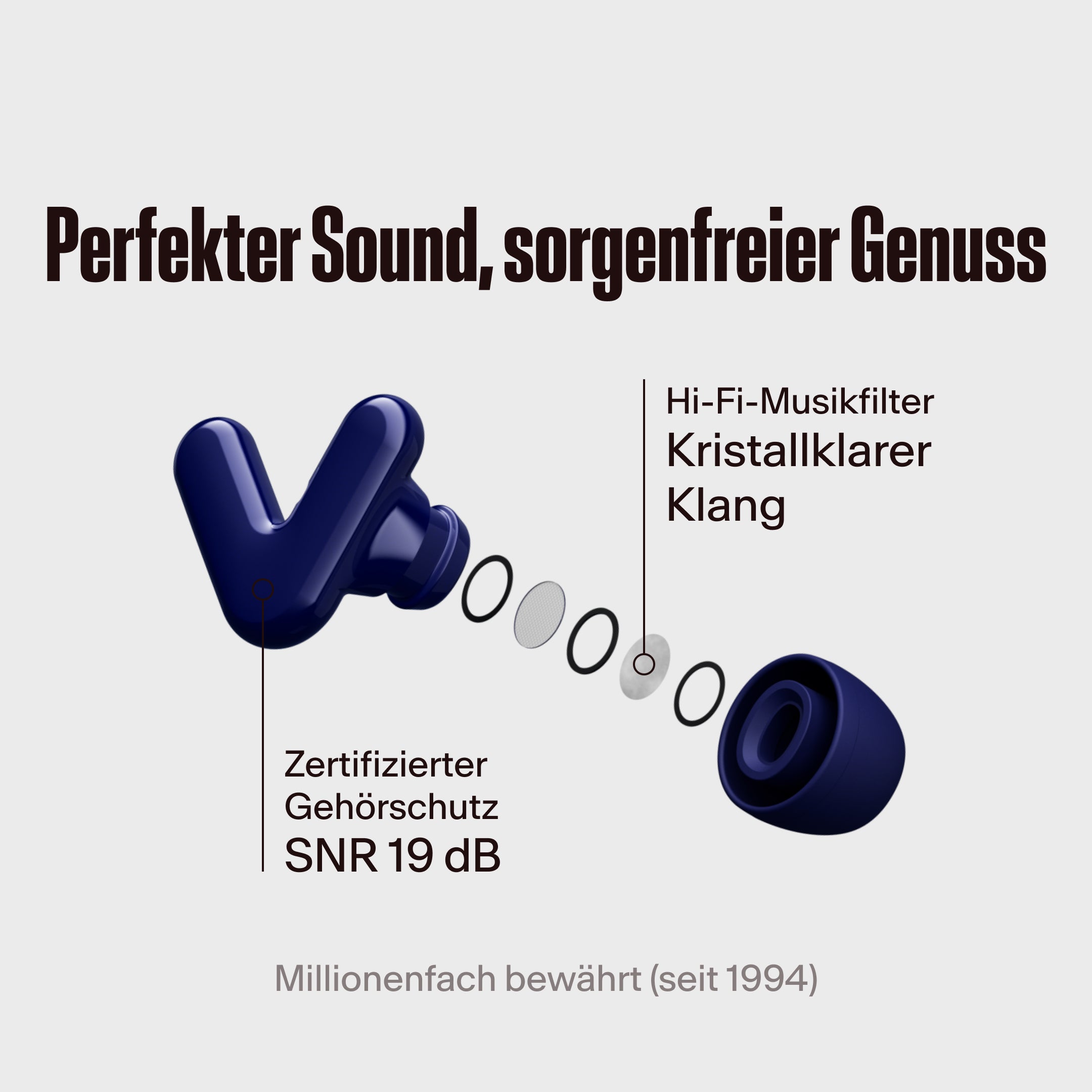 Alpine Tune Ohrhörer in Dunkelblau mit hervorgehobenem Hi-Fi-Filter, mit dem Text &