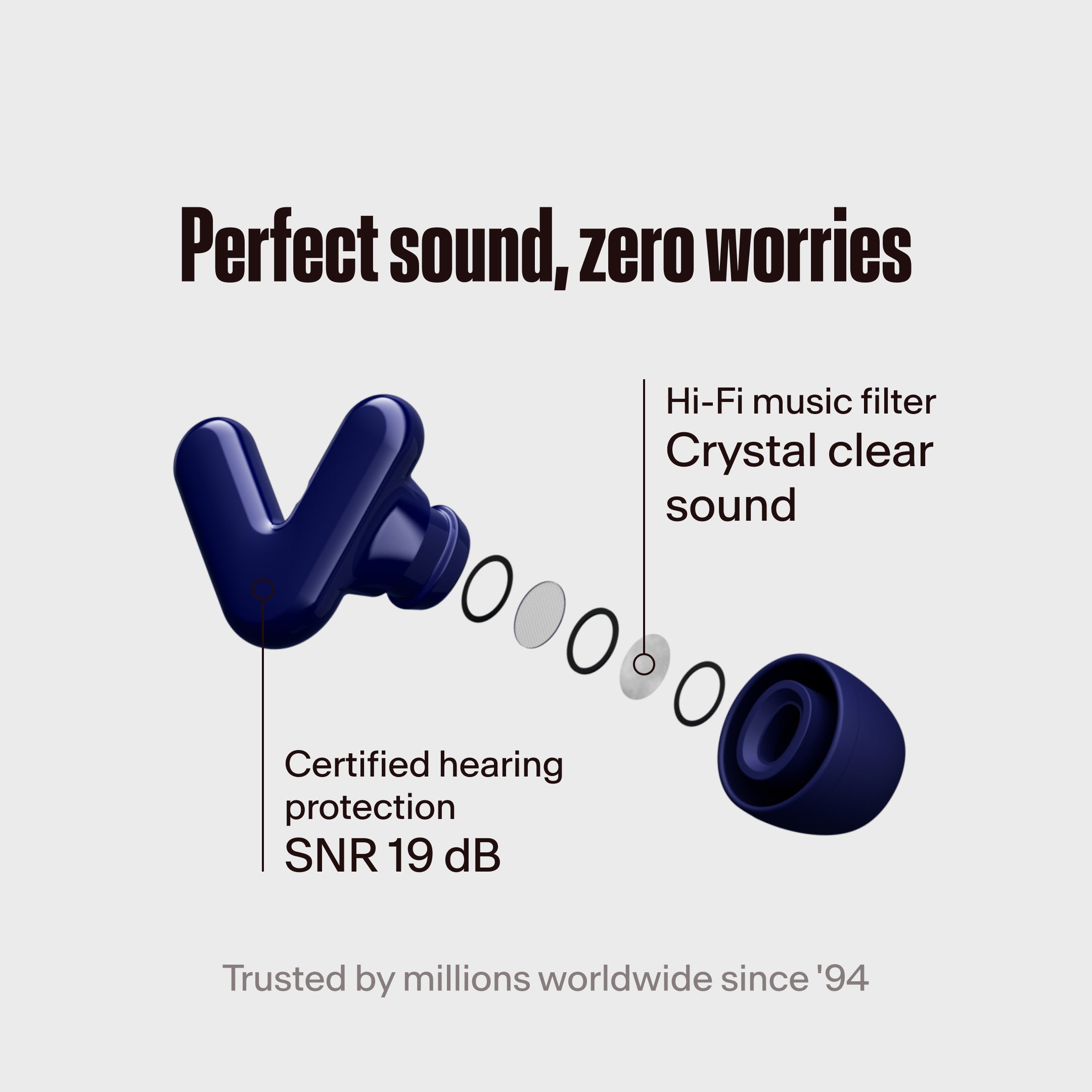 Alpine Tune dark blue earbuds with hi-fi filter highlighted, with the text &