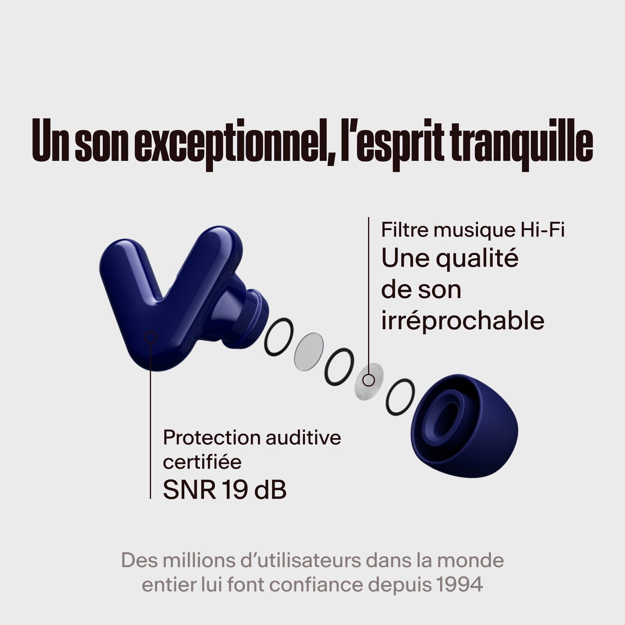 Écouteurs Alpine Tune bleu foncé avec filtre hi-fi mis en avant, avec le texte &