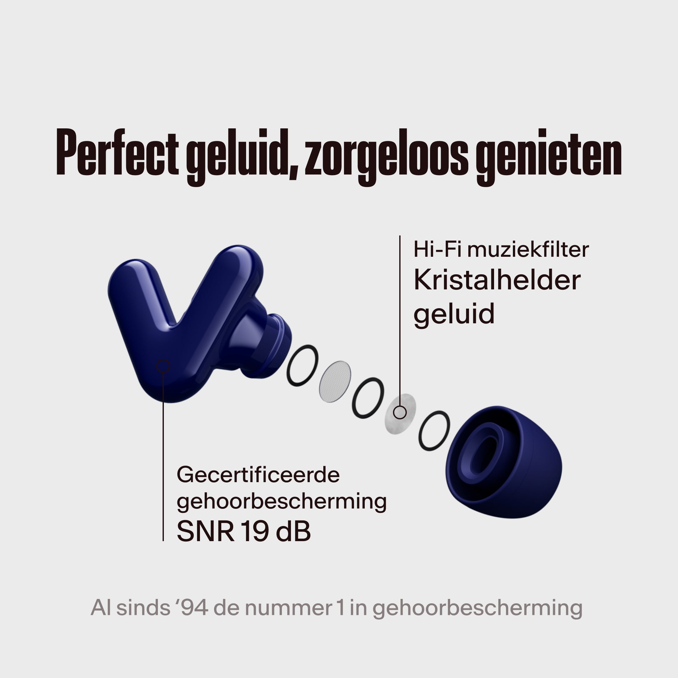 Alpine Tune donkerblauwe oordopjes met hifi-filter uitgelicht, met de tekst &