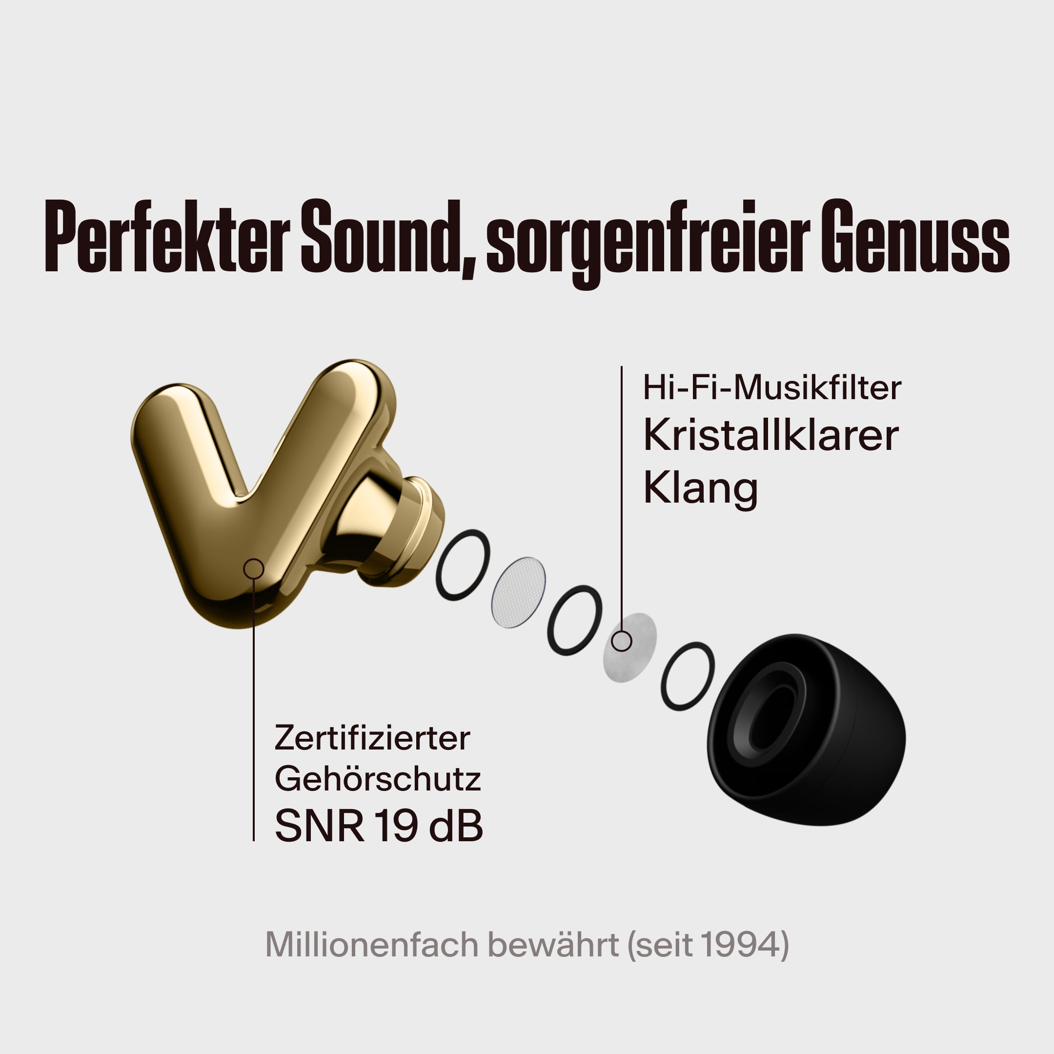 Alpine Tune Ohrhörer in Gold mit hervorgehobenem Hi-Fi-Filter, mit dem Text &