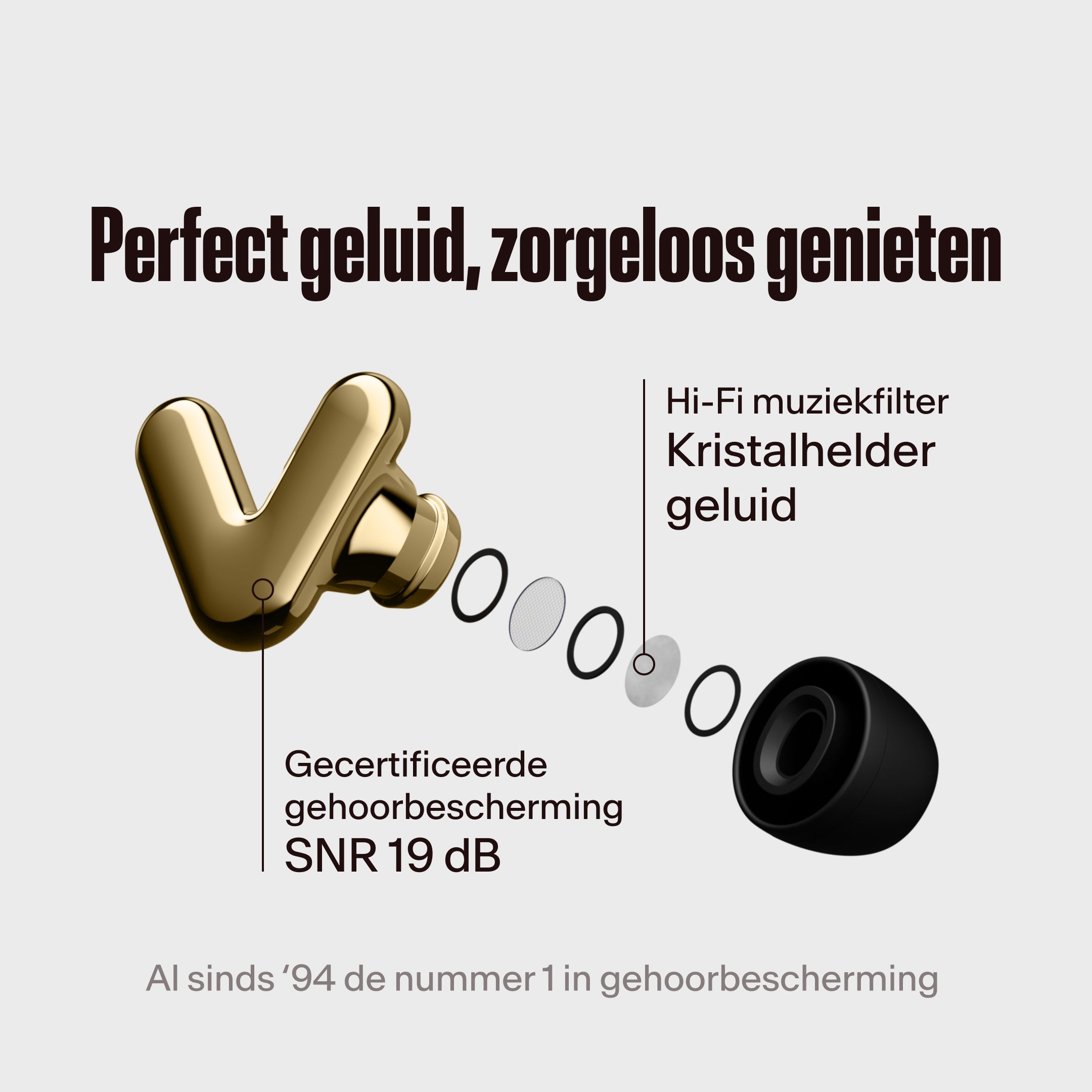 Alpine Tune gouden oordopjes met hifi-filter uitgelicht, met de tekst &