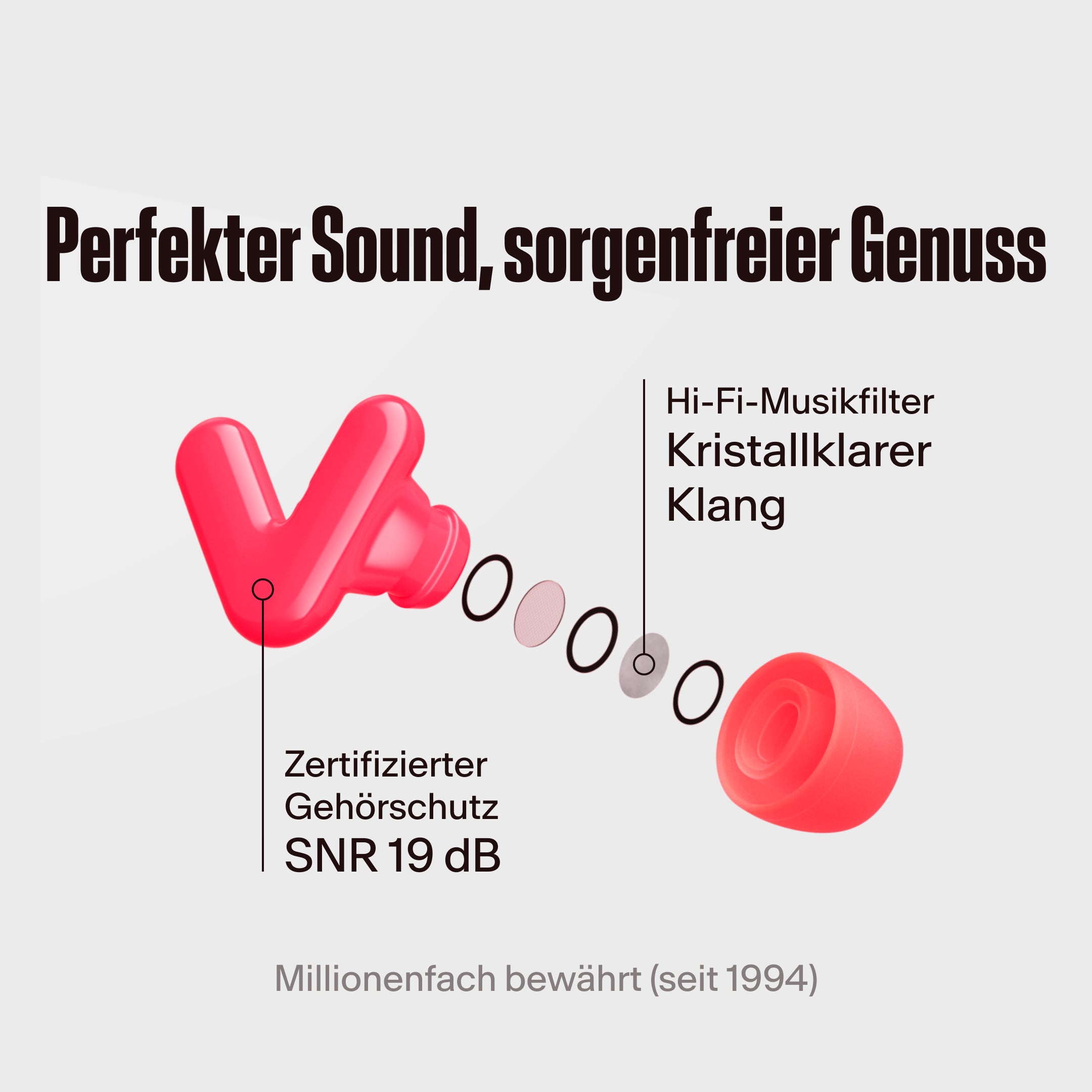 Alpine Tune Ohrhörer in Neon-Pink mit hervorgehobenem Hi-Fi-Filter, mit dem Text &