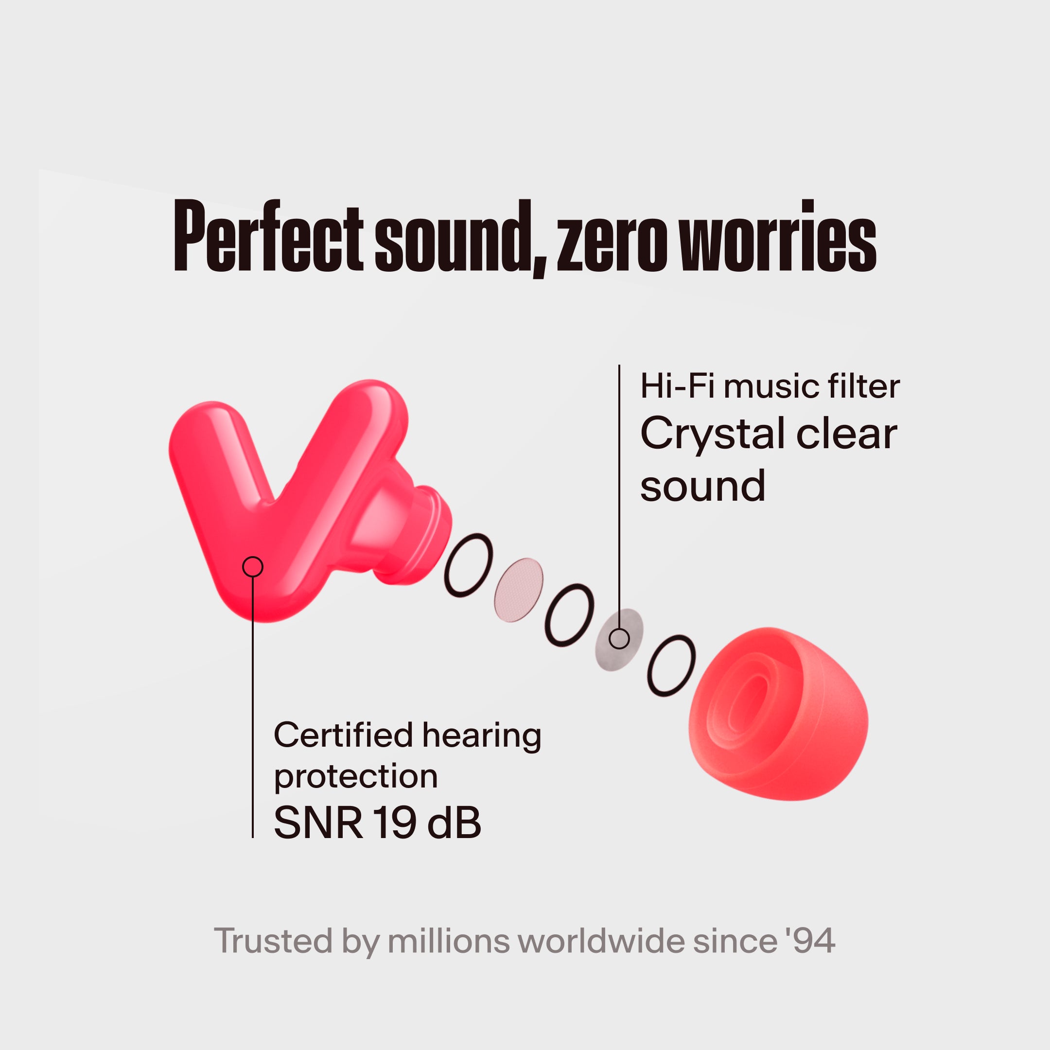 Alpine Tune neon pink earbuds with hi-fi filter highlighted, with the text &