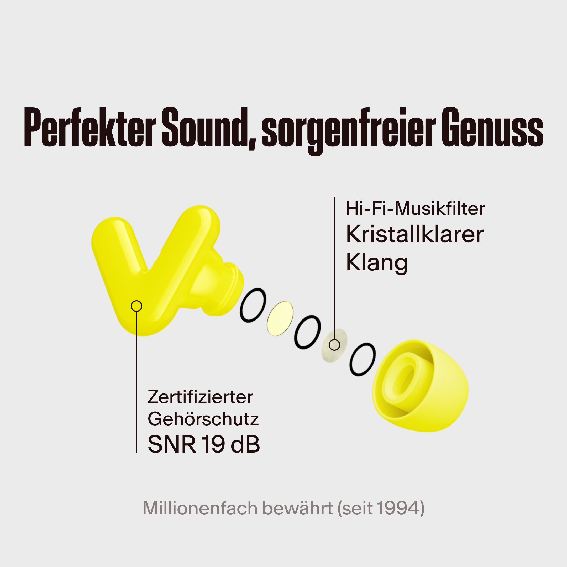Alpine Tune Ohrhörer in Neon-Gelb mit hervorgehobenem Hi-Fi-Filter, mit dem Text &