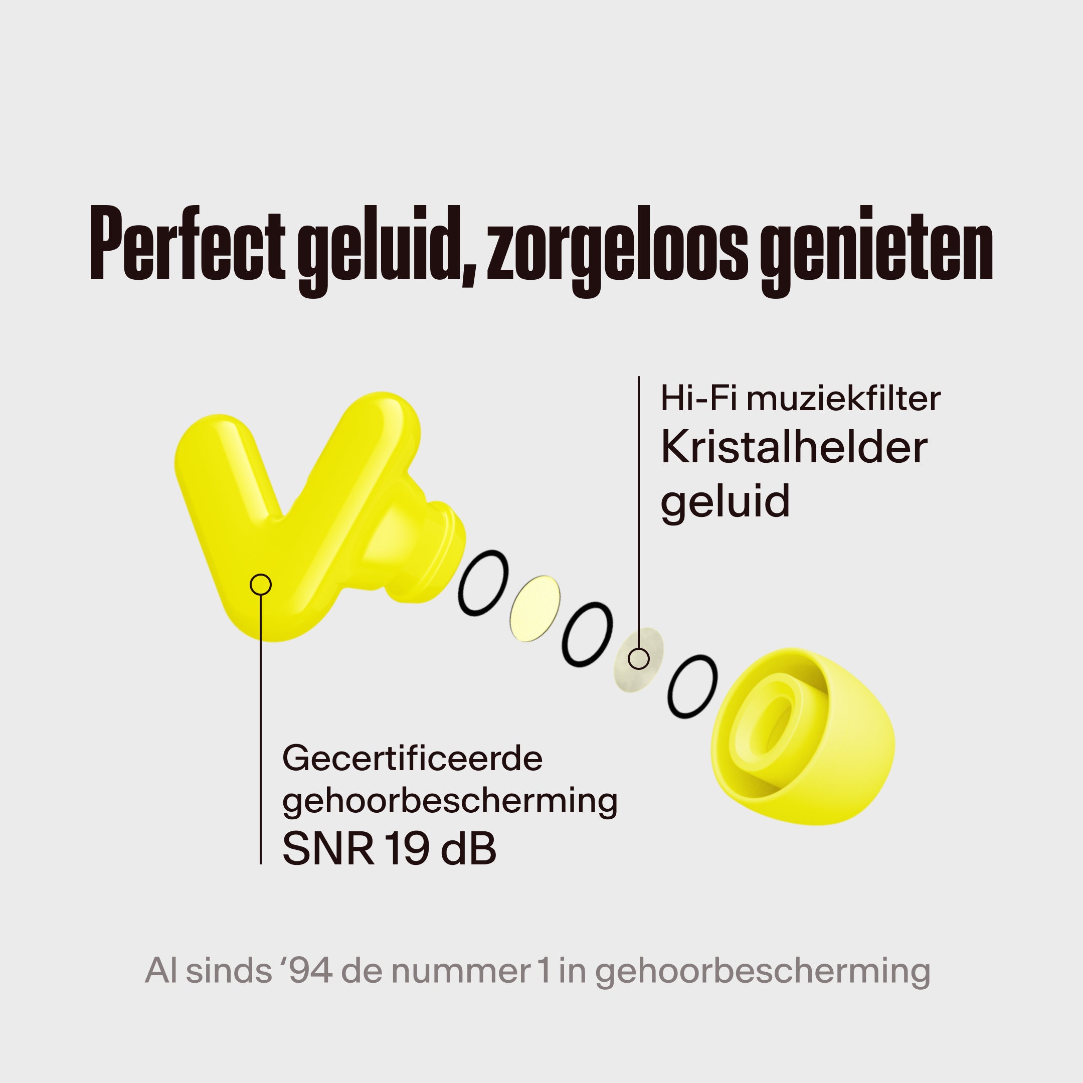 Alpine Tune neon yellow oordopjes met hifi-filter uitgelicht, met de tekst &