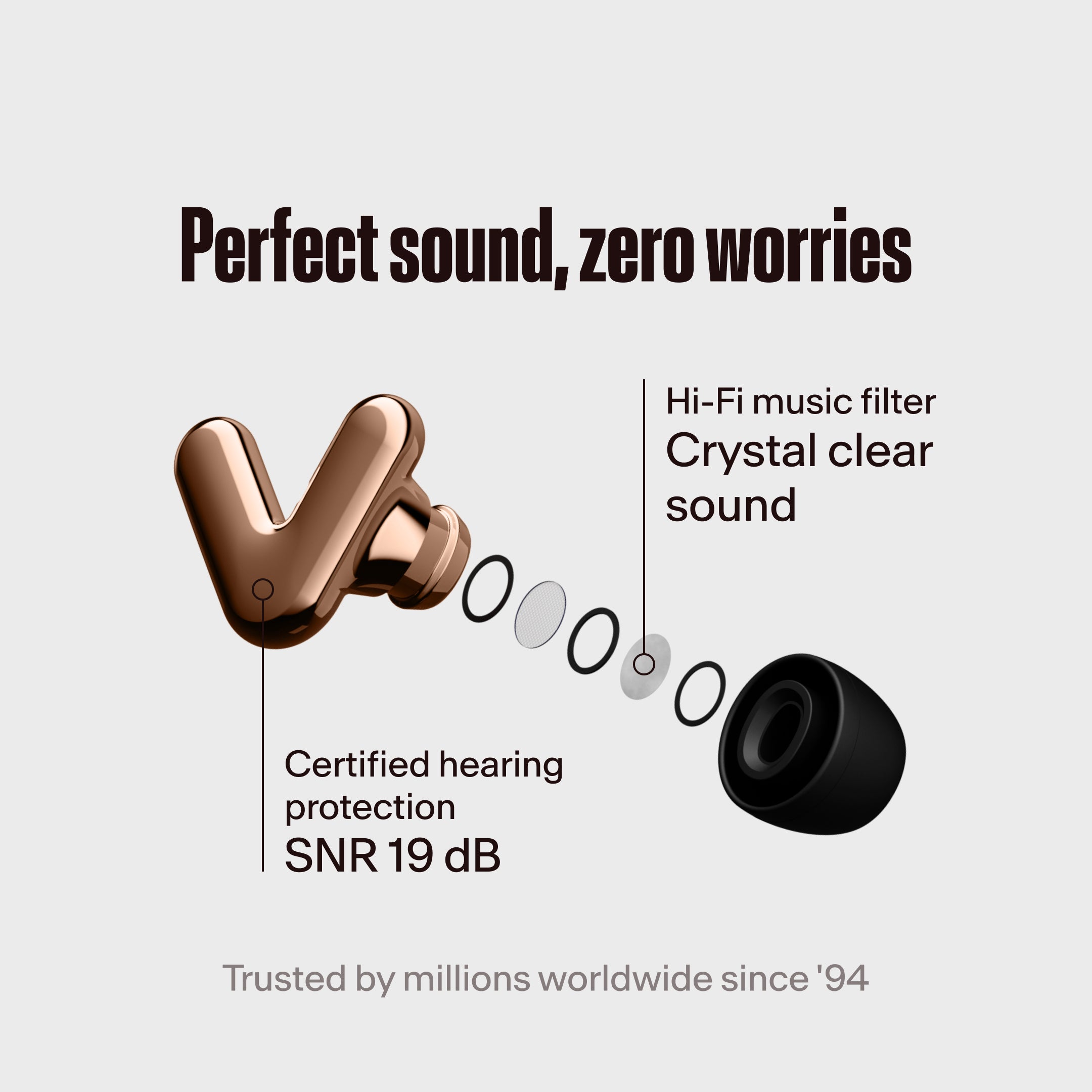 Alpine Tune rose-gold earbuds with hi-fi filter highlighted, with the text &