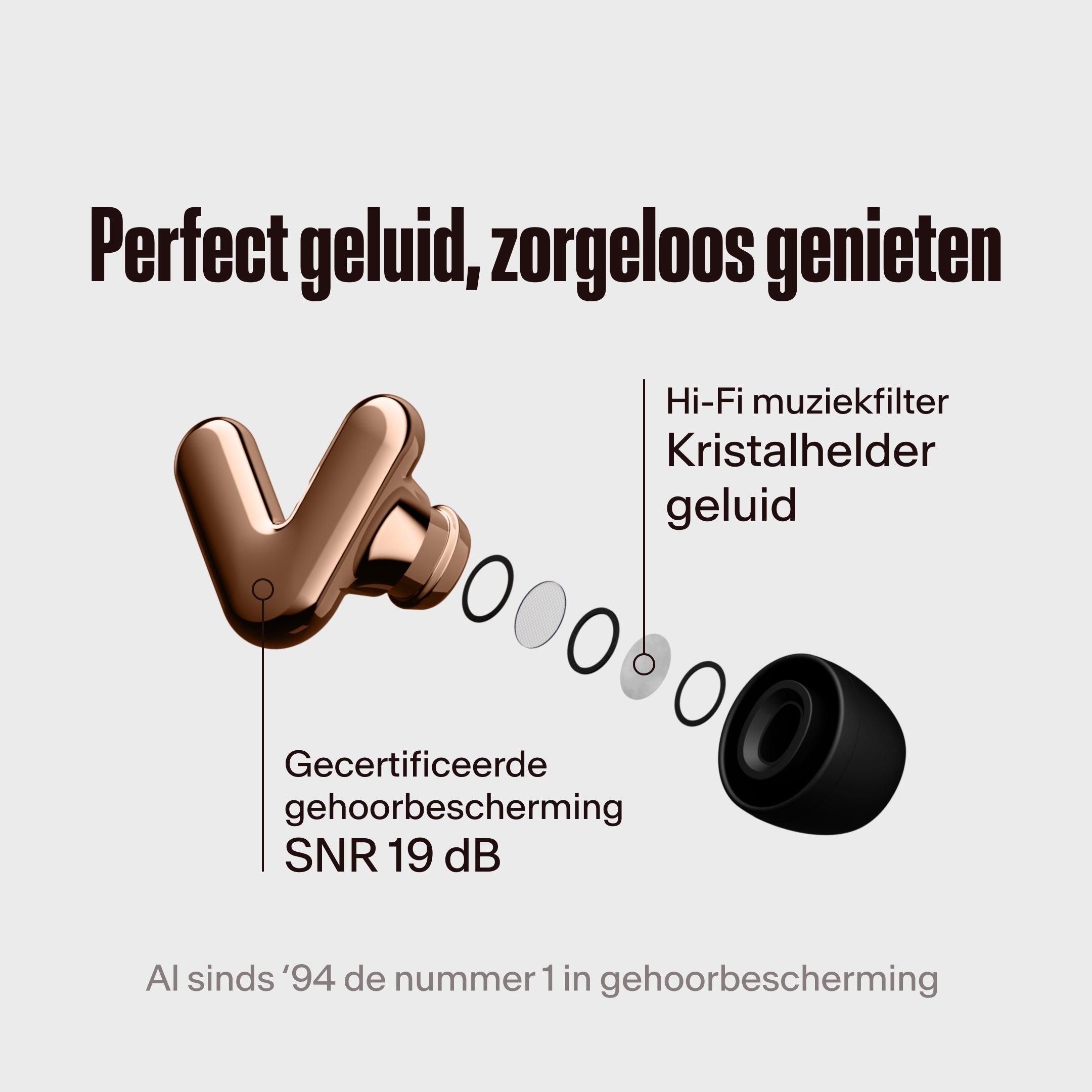 Alpine Tune rose-gold oordopjes met hifi-filter uitgelicht, met de tekst &