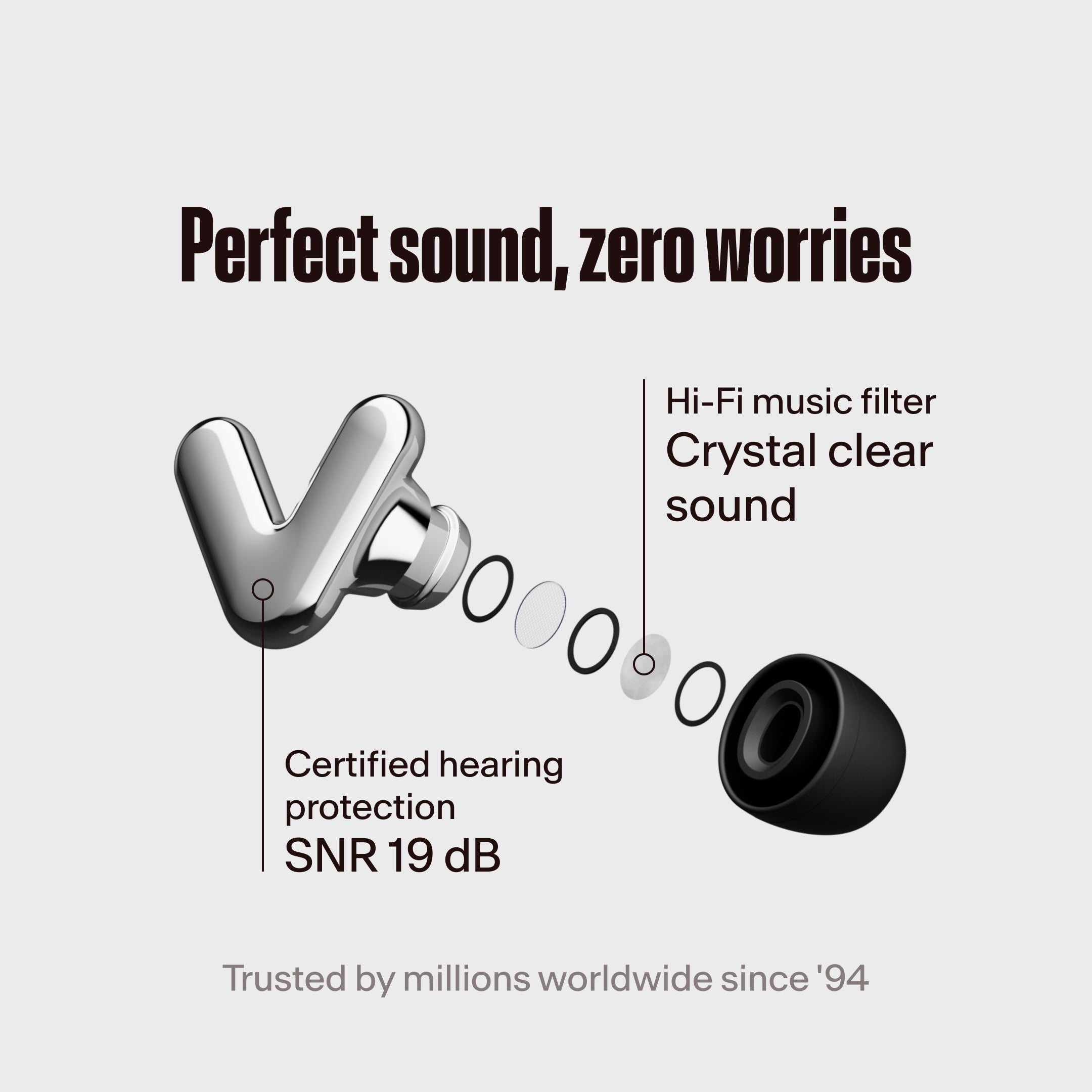 Alpine Tune silver earbuds with hi-fi filter highlighted, with the text &