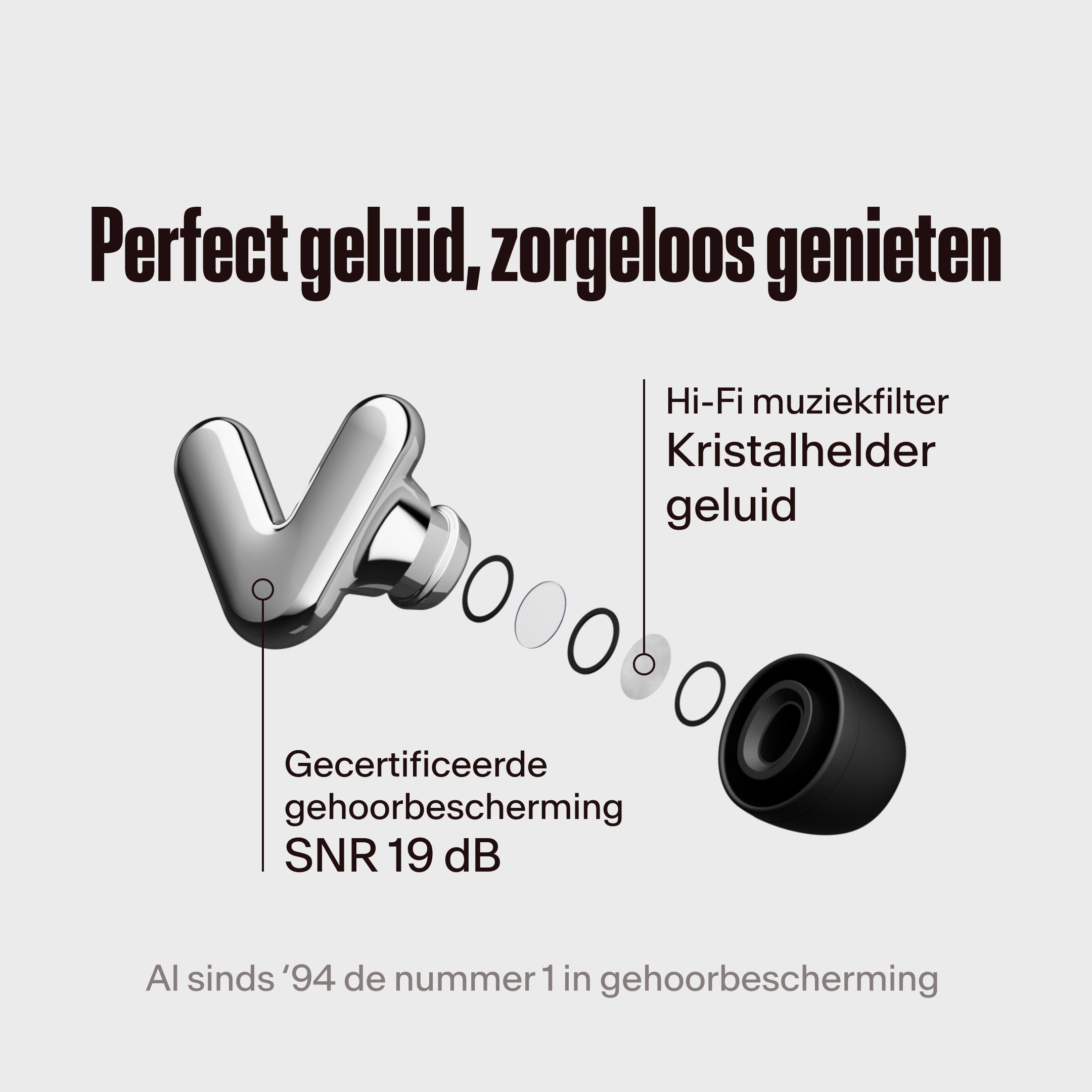 Alpine Tune zilveren oordopjes met hifi-filter uitgelicht, met de tekst &