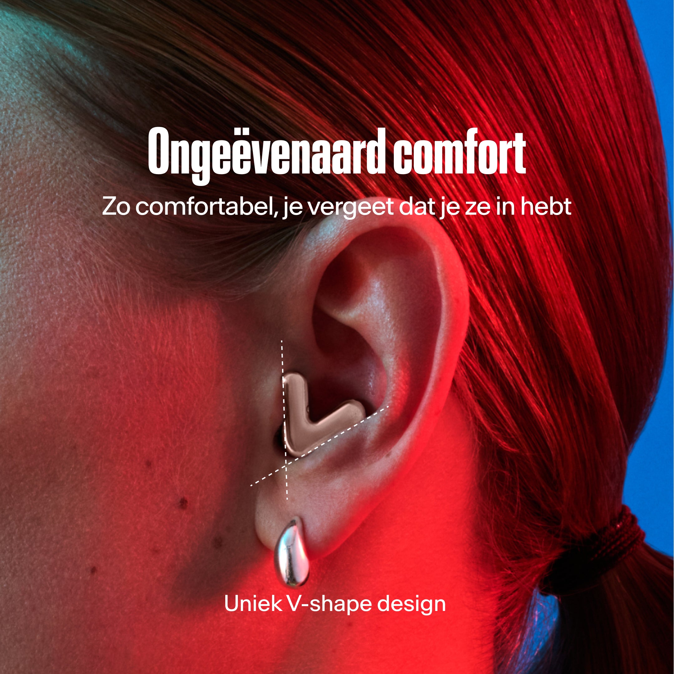 detailed image of an ear with an alpine tune earplug in rose-gold showing the snug fit in ear  