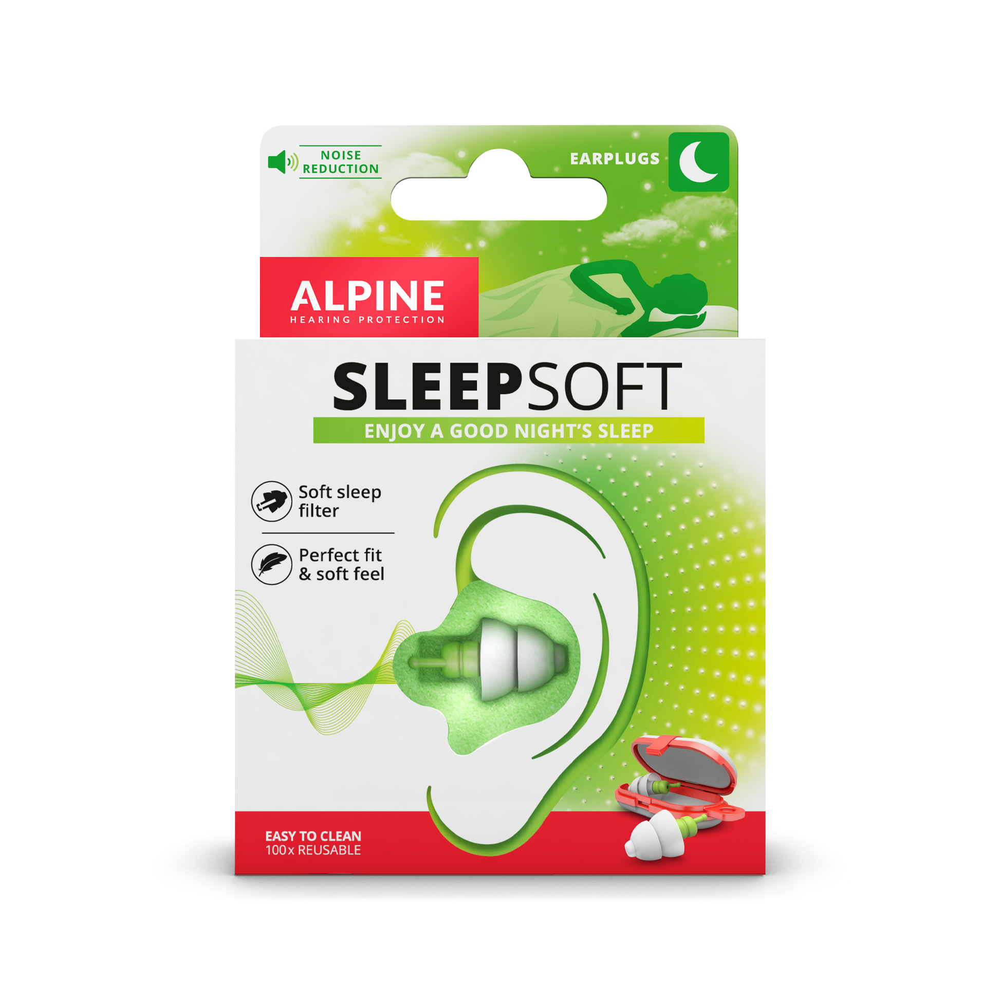 Alpine SleepSoft earplugs for less noise during sleep Alpine hearing protection Earplugs earmuffs protect your ear red dot award sleep SleepDeep Sleeping Mask SleepSoft packaging 