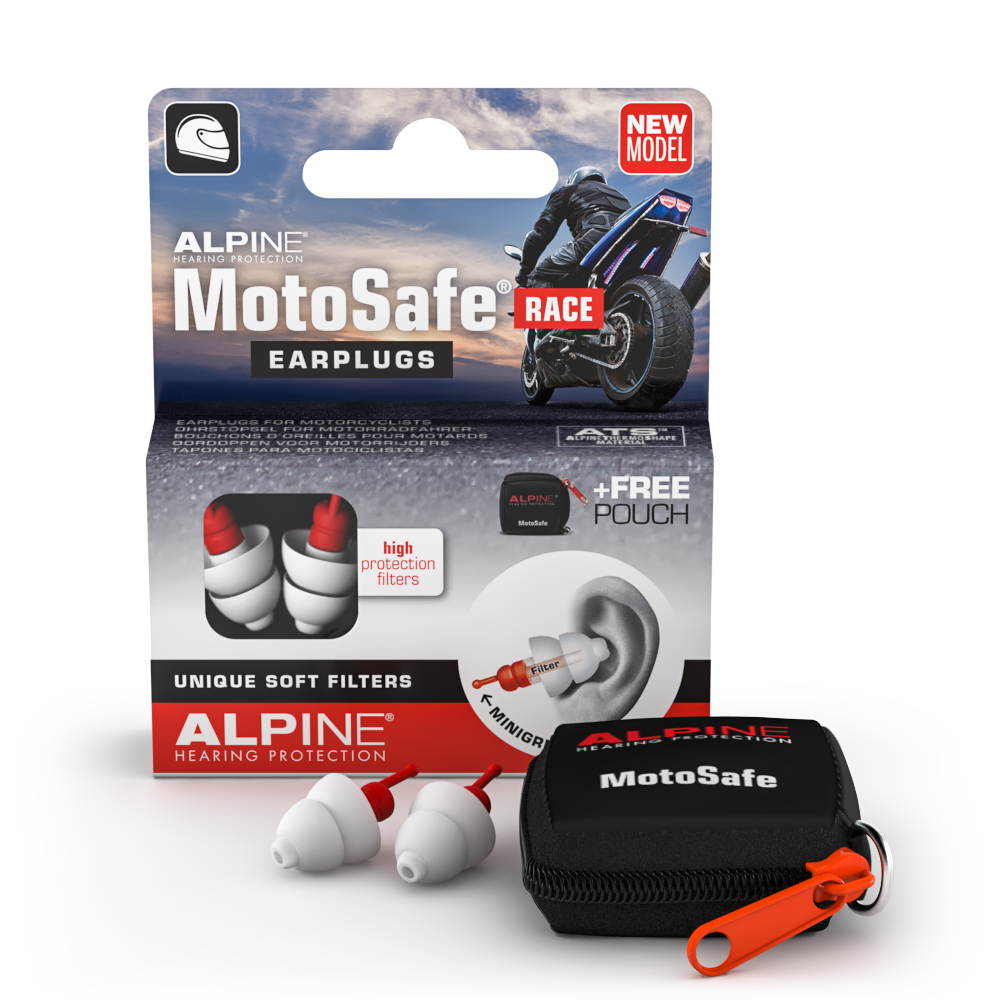 Alpine MotoSafe Race earplugs for motorcyclicts Alpine hearing protection Earplugs earmuffs protect your ear red dot award Cleaning Spray Cord for earplugs Deluxe Pouch Ear Spray Miniboxx Sleeping Mask Travel pouch Travelbox Deluxe cleaning 