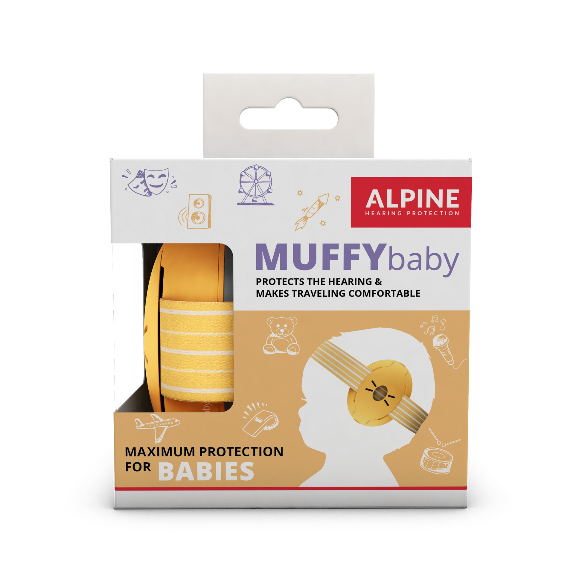 Alpine Muffy Baby earmuffs for baby's Alpine hearing protection Earplugs earmuffs protect your ear red dot award Muffy Baby Muffy Kids Pluggies Kids packaging yellow