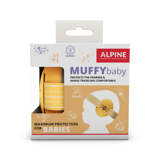 Alpine Muffy Baby earmuffs for baby's Alpine hearing protection Earplugs earmuffs protect your ear red dot award Muffy Baby Muffy Kids Pluggies Kids packaging yellow