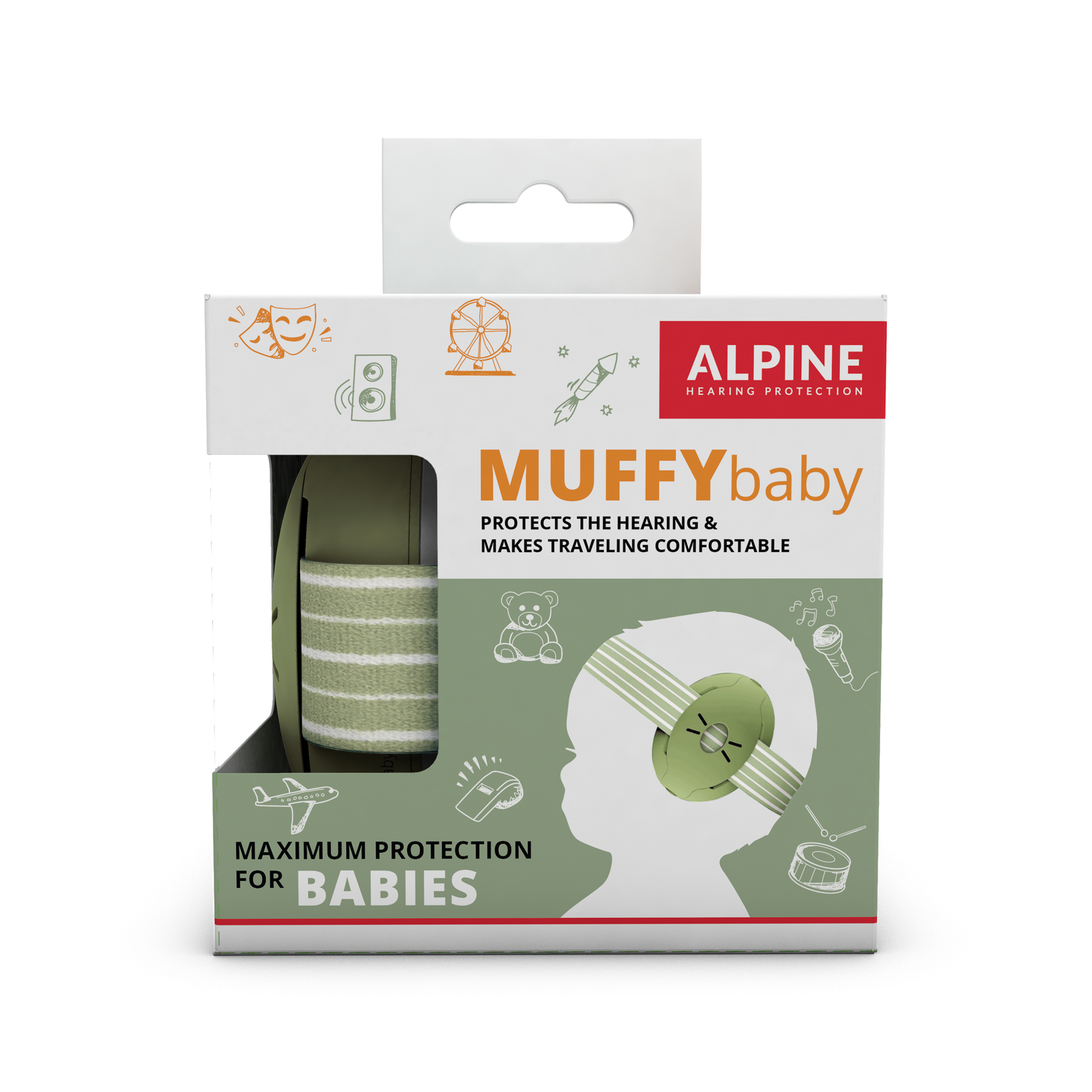 Alpine Muffy Baby earmuffs for baby's Alpine hearing protection Earplugs earmuffs protect your ear red dot award Muffy Baby Muffy Kids Pluggies Kids packaging green olive-green 