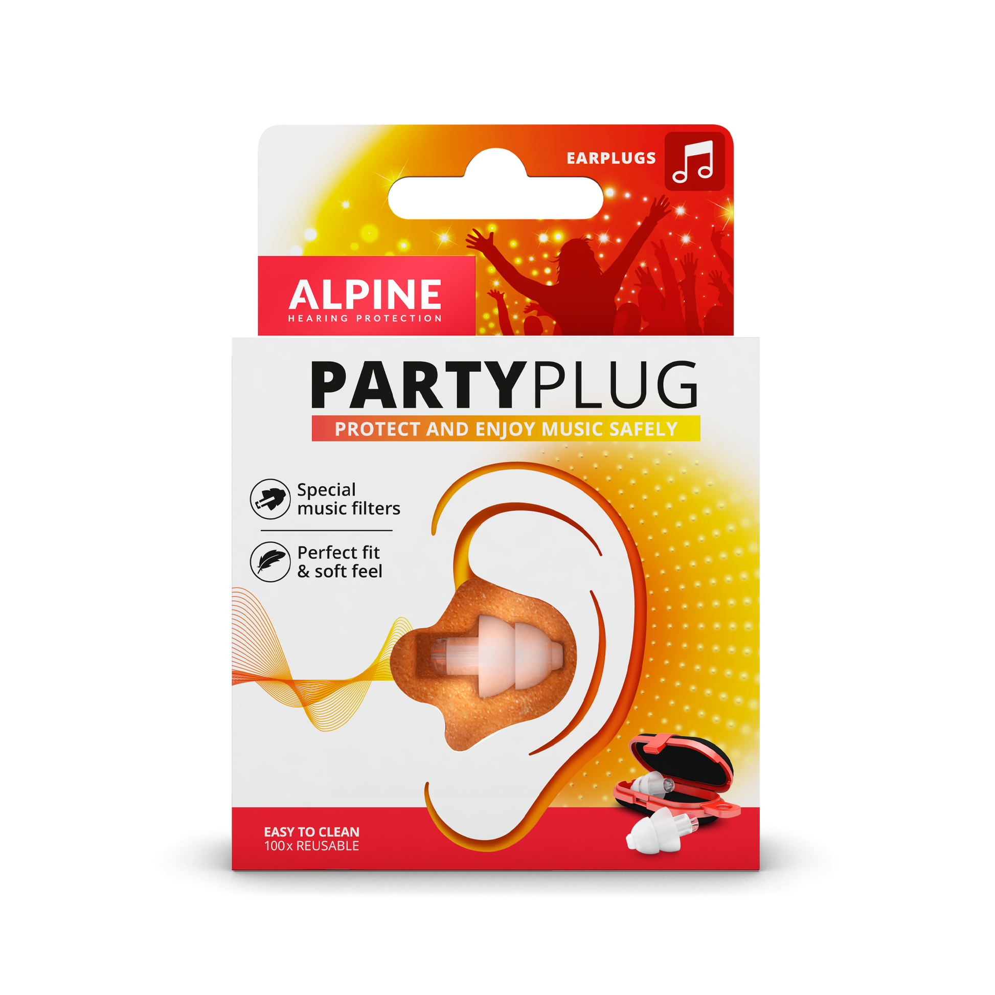 Alpine PartyPlugs to protect your ears during music Alpine hearing protection Earplugs earmuffs protect your ear red dot award party concert festival partyplug MusicSafe MusicSafe Earmuff MusicSafe Pro packaging white