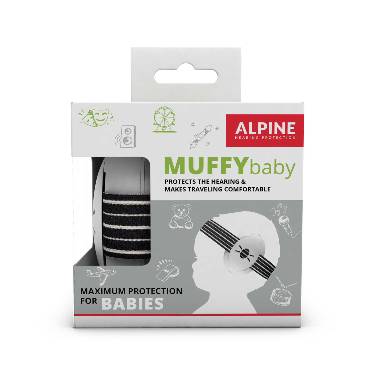Alpine Muffy Baby earmuffs for baby's Alpine hearing protection Earplugs earmuffs protect your ear red dot award Muffy Baby Muffy Kids Pluggies Kids packaging white grey 