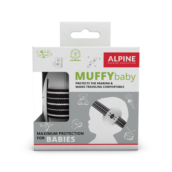Alpine Muffy Baby earmuffs for baby's Alpine hearing protection Earplugs earmuffs protect your ear red dot award Muffy Baby Muffy Kids Pluggies Kids packaging white grey 