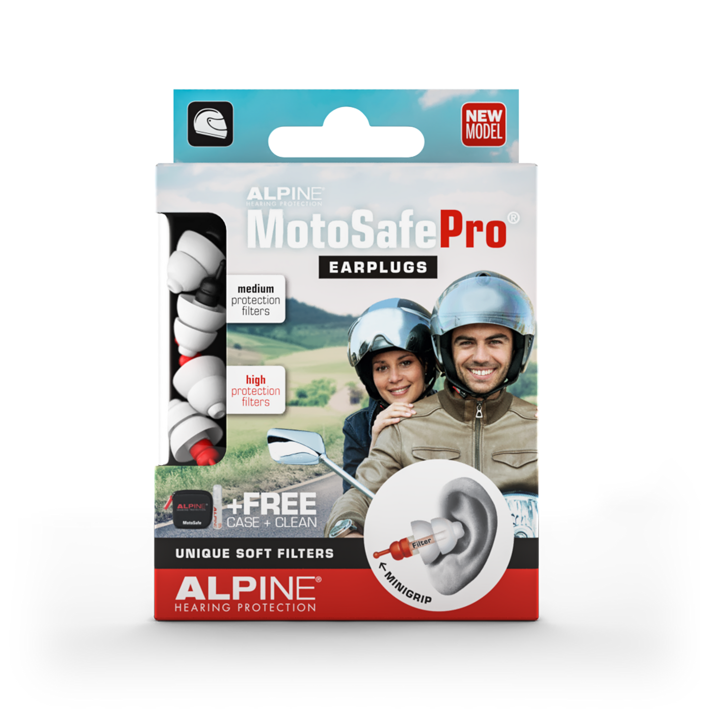 Alpine MotoSafe Pro earplugs for motorcyclicts Alpine hearing protection Earplugs earmuffs protect your ear red dot award Cleaning Spray Cord for earplugs Deluxe Pouch Ear Spray Miniboxx Sleeping Mask Travel pouch Travelbox Deluxe cleaning 