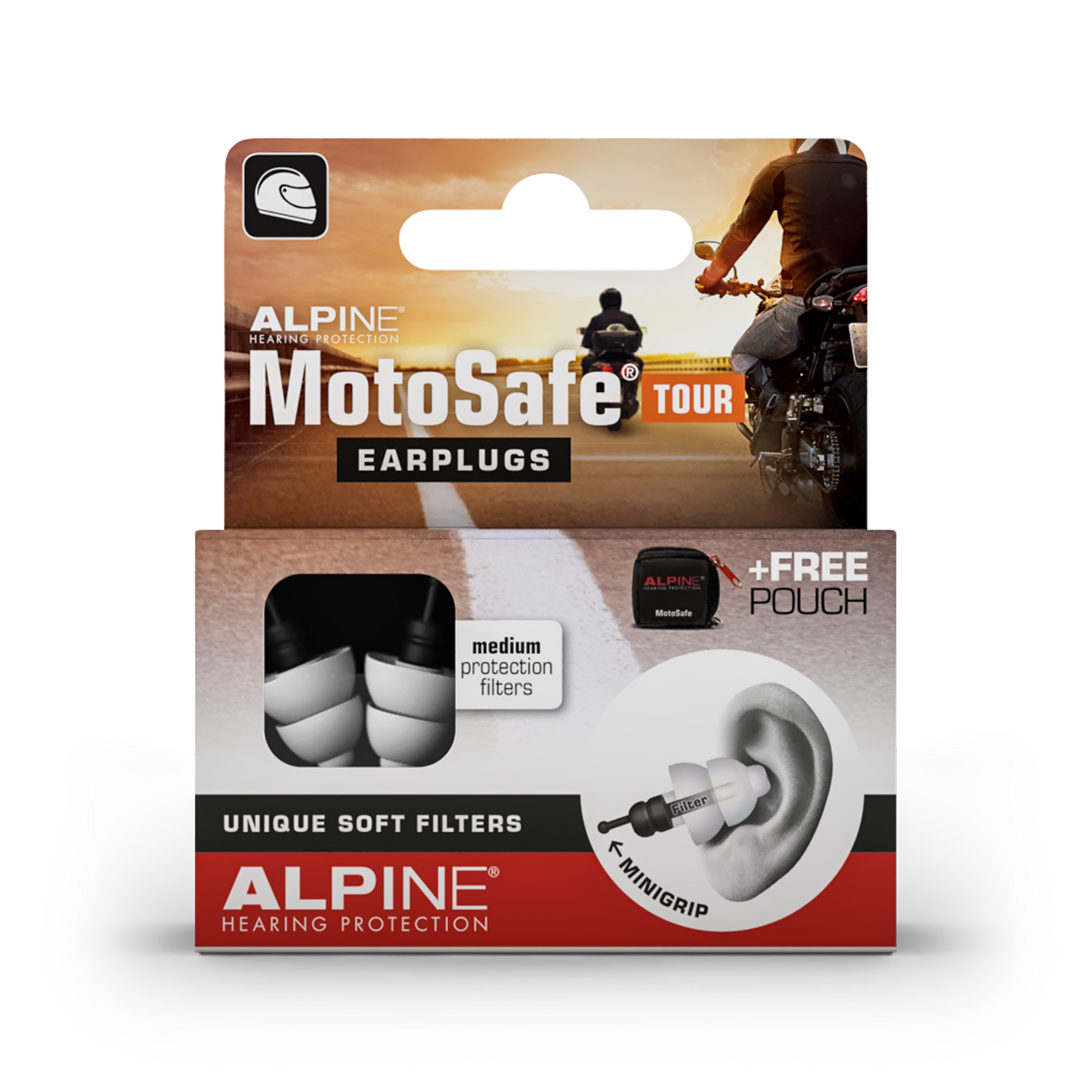 Alpine MotoSafe Tour earplugs for motorcycle Alpine hearing protection Earplugs earmuffs protect your ear red dot award Cleaning Spray Cord for earplugs Deluxe Pouch Ear Spray Miniboxx Sleeping Mask Travel pouch Travelbox Deluxe cleaning 