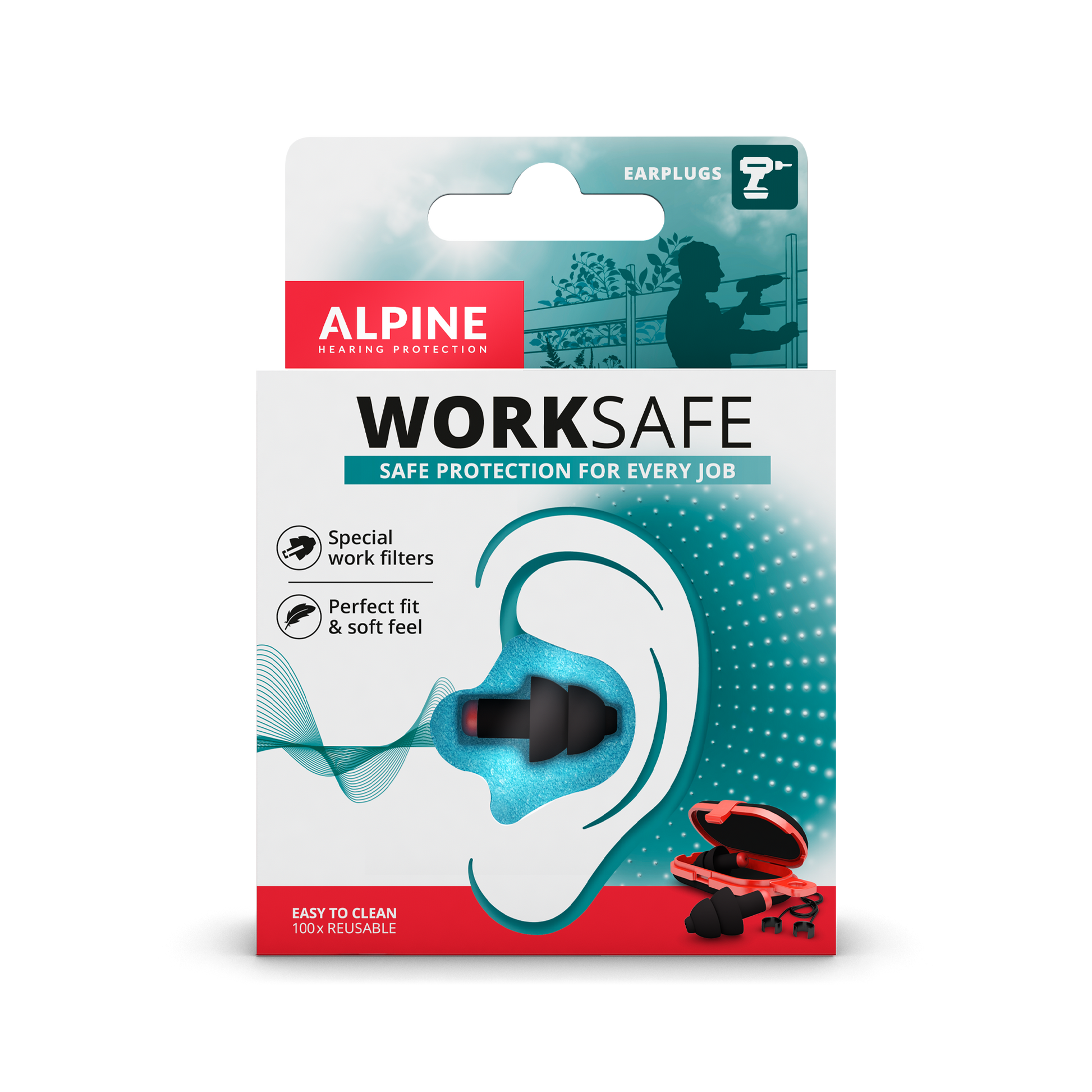 Alpine WorkSafe earplugs protect the ears during work Alpine hearing protection Earplugs earmuffs protect your ear red dot award working projects hobby professional Work safe Muffy Baby Muffy Kids Plug&Go packaging black 