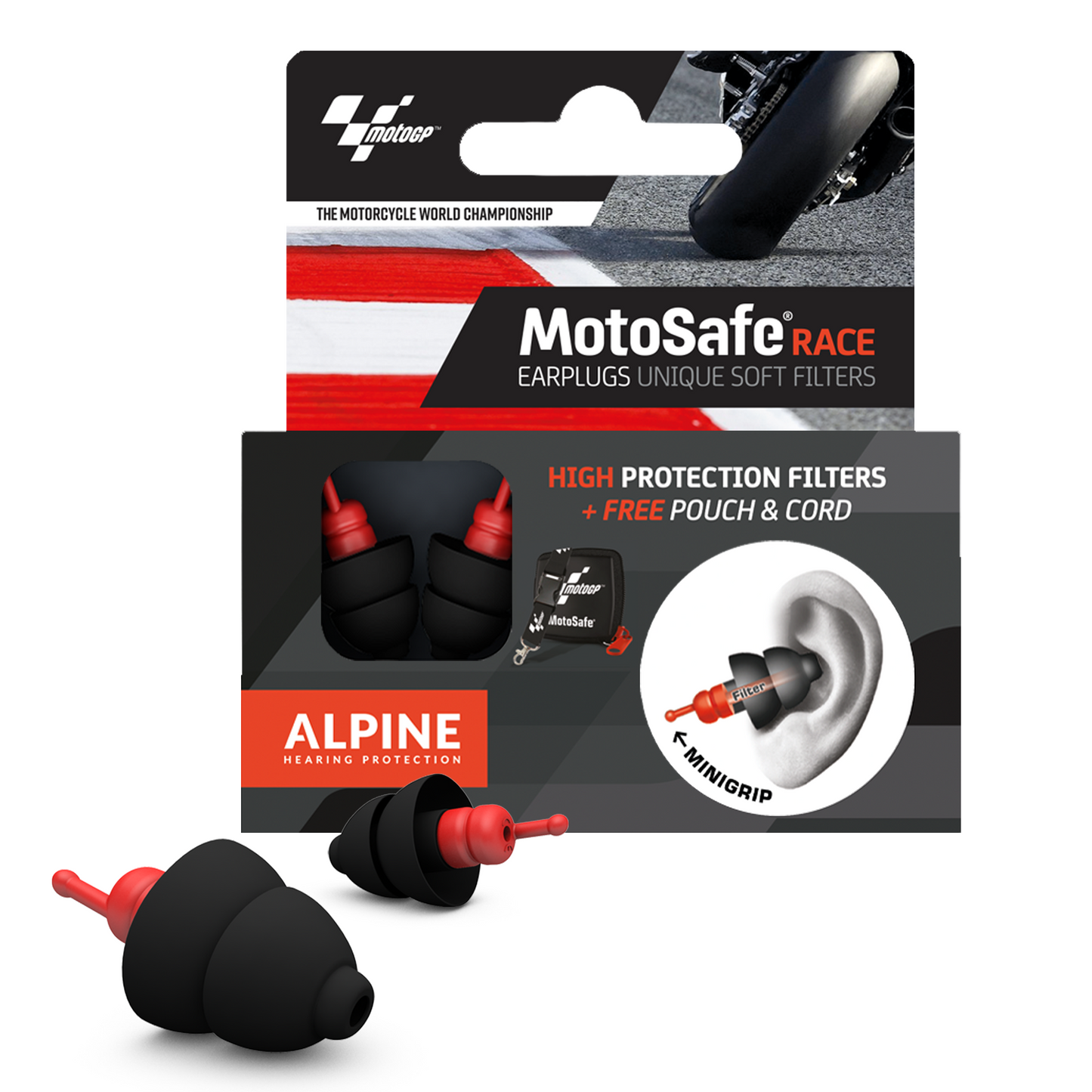 Alpine MotoSafe Race – Official MotoGP Edition earplugs for motorcyclicts Alpine hearing protection Earplugs earmuffs protect your ear red dot award Cleaning Spray Cord for earplugs Deluxe Pouch Ear Spray Miniboxx Sleeping Mask Travel pouch Travelbox Deluxe cleaning 